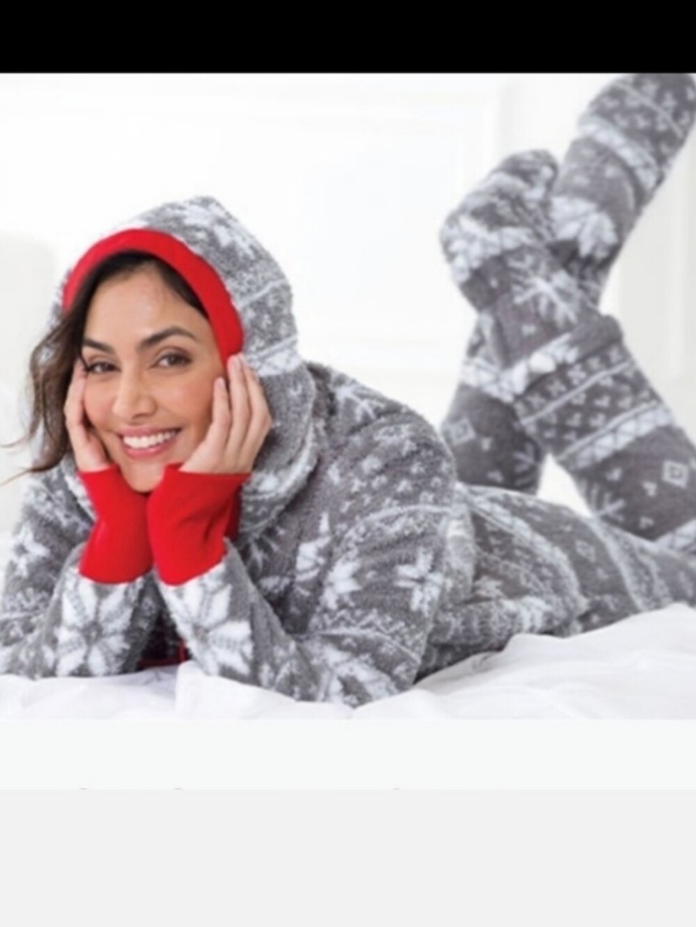Women’s Hooded Fair Isle Fleece Onesie with Red Trim